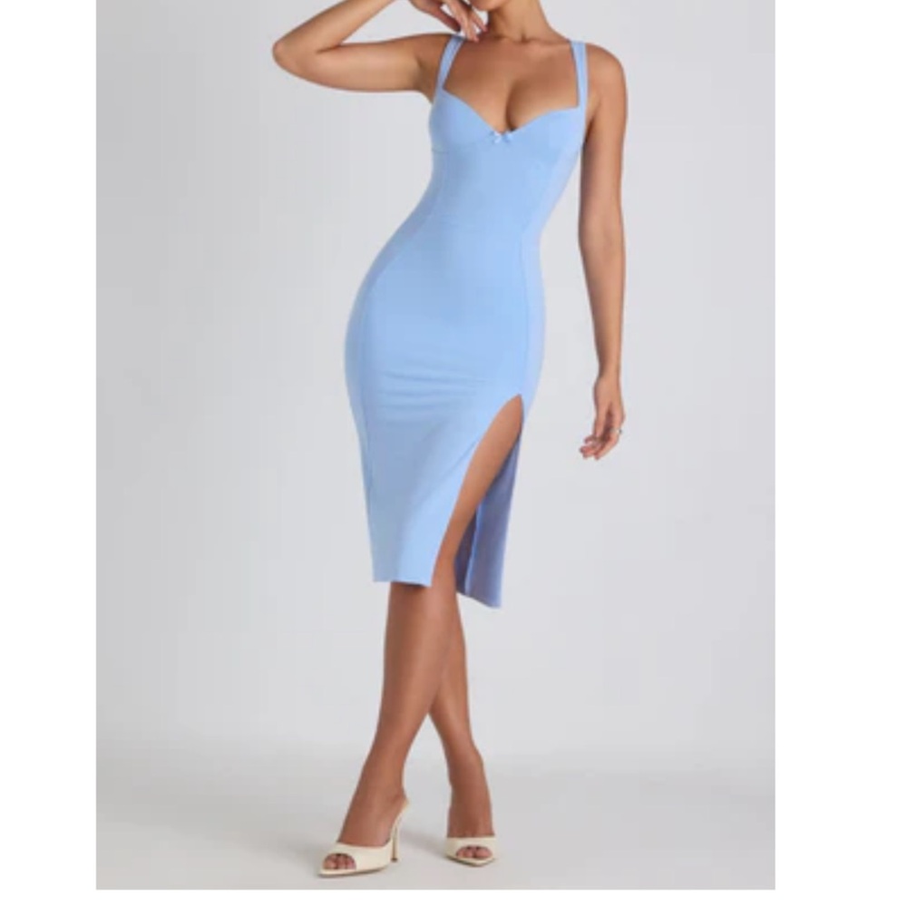 Oh Polly Modal Bow-Detail Sweetheart Neck MIDI Dress in Sky Blue